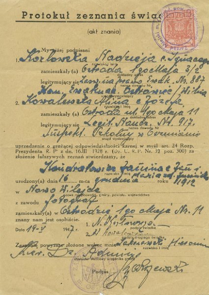 KKE 5303.jpg - Dok. Protokół zeznania światków w sprawie Janiny Kondratowicz, Ostróda, 19 V 1947r.